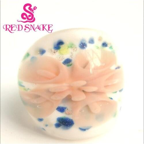 RED SNAKE Fashion Ring Handmade White background with Meat Pink jacinth Morning glory flower drawing opaque Murano Glass Rings