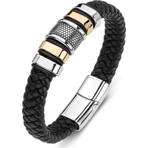 Fashion Men Bracelets Stainless Steel Braided Leather Bangles Rock Hip Hop Jewelry Handmade Wrist Band for Male Boys Gift P177