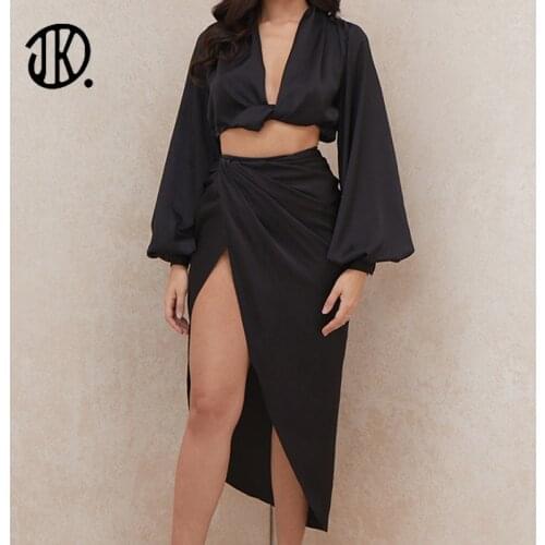 Fashion Autumn Sexy Suit Comfort Silk Face Lantern Sleeve Top + Split Long Skirt 2021 Nightclub Bodycon Ladies Two-piece Outfits