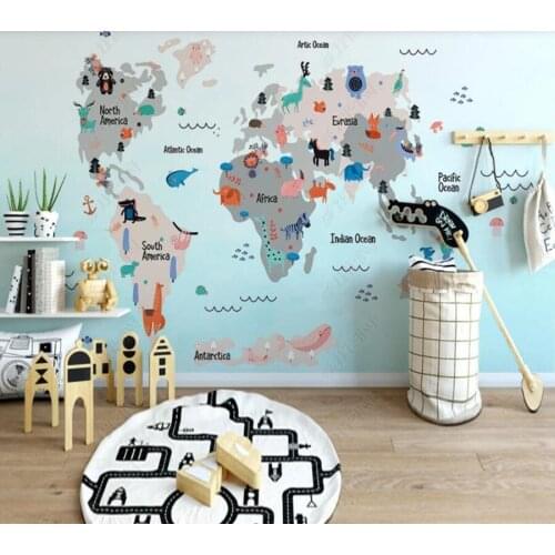Papel de parede Hand drawn cartoon world animal map childrens room Background Wall 3D wallpaper mural,living room home decor