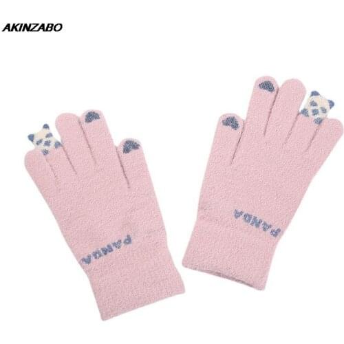 Cute Panda Kawaii Winter Gloves Women Thermal Stretch Knitted Hand Gloves Girls Touch Screen Warm Touchscreen Womens Gloves