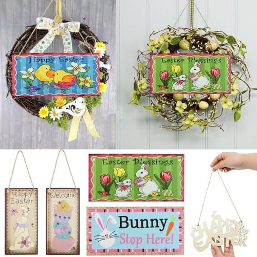HAPPY EASTER Party Door Hanging Sign Wood Crafts Ornaments Wooden Easter Egg Rabbite Bunny For Home Decor Easter Wreath Supplies