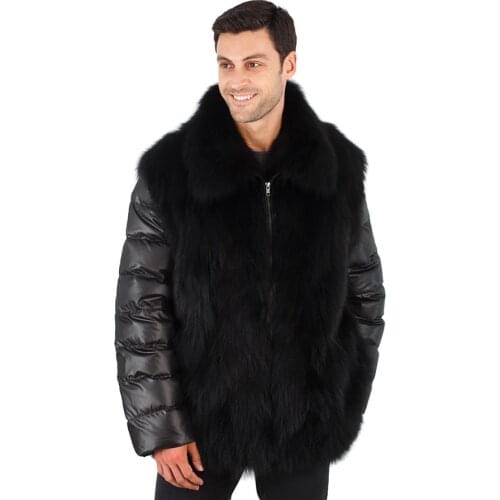 Fox Fur Coat Mens Black Fox Vest Real Fur Jacket High Quality Down Sleeves Winter Warm Casual Sportive Coats