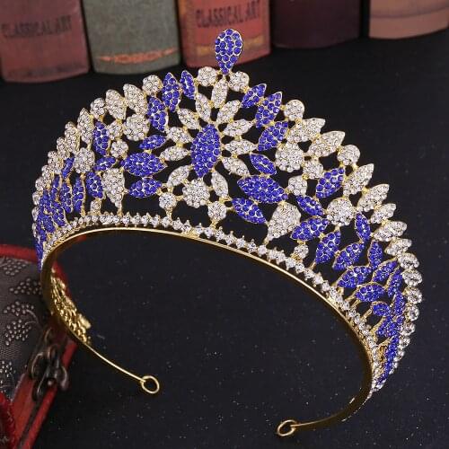 Blue Baroque Luxury Crystal Bridal Crown Tiaras Big Leaves Diadem Tiaras for Women Bride Hairband Wedding Hair Accessories