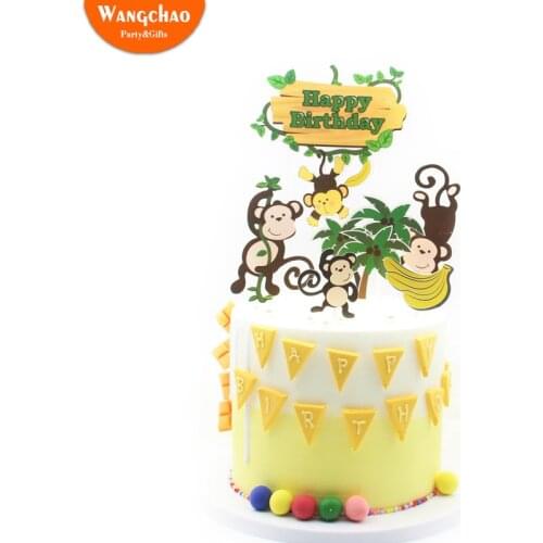 1 Set Cute Forest Monkey Tree Safari Party Cake Topper Banana Kingdom Theme Happy Birthday Cake Decoration Boys Kids Favors