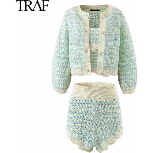 TRAF 2021 Za Vintage Casual Sweet Cute Three Piece Set Stripe Slim Knitted Vest Or Cardigan Hollow Out High Waist Shorts Set