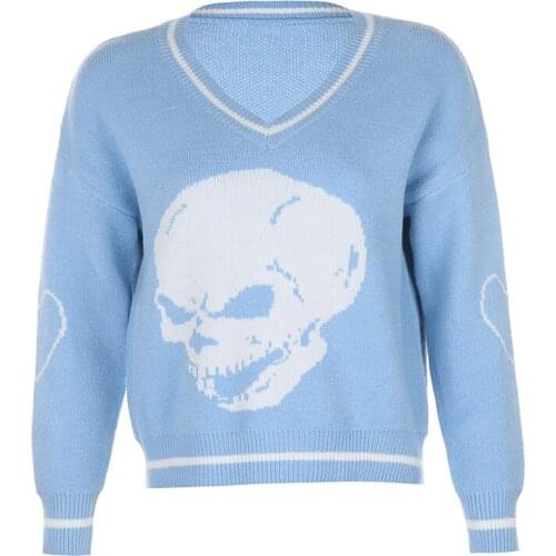 Y2K Sweaters Skulls Pullovers V Neck Knitwear Loose Casual Knitted Tops Women Streetwear Retro Tops Blue 2020 Autumn
