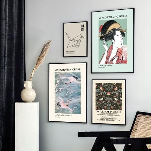 Japanese Geisha Abstract Poster Print Orizuru Canvas Painting William Morris Inspired Birds Wall Art Pictures For Readroom Decor