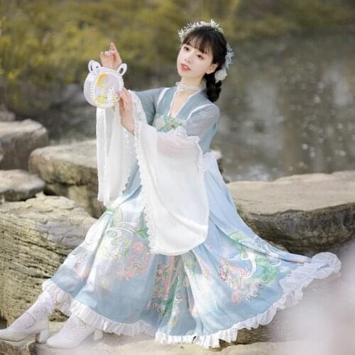 Dance Clothing Chinese Traditional Costumes for Women Classical Hanfu Female Original Skirt Floral Skirt Long Skirt Blue Dress