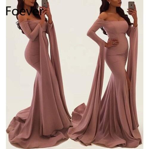 2019 Lady Dusty Pink Prom Dresses Long Sleeve Cape Strapless Stretch Satin Tight Mermaid Evening Party Gowns robe de soiree