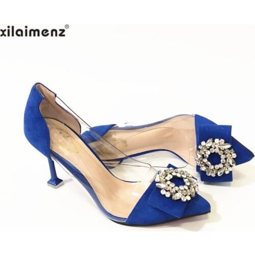 Royal Blue with Transparent Women High Heels Pumps Women Shoes Pointed Toe Summer Sexy Party Shoes Wedding Shoes Big Size