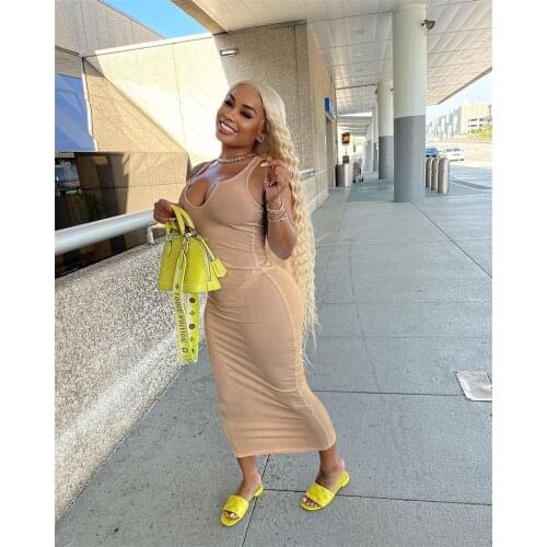 Women’s Casual Sleeveless Bodycon Slim Sundress Solid Color U-neck High-waist Tight Long Dress for Summer Black/Khaki/White