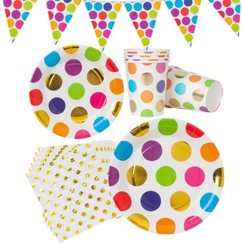 Gold Foil Polka Dot Party Disposable Tableware Birthday Party Paper Plate Cups Pennants Wedding Party Decor Supplies