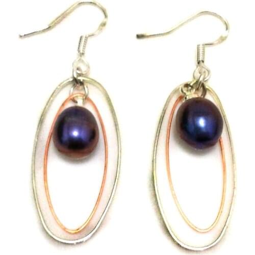 1.5 inches Double Ring Black Natural 7-8mm Drop Pearls 925 Sterling Silver Hook Chandelier Earring