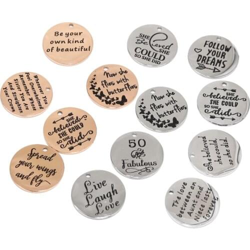 25MM well polished Inspiration Words Charms Craft Supplies stainless steel round charm Pendant for DIY Necklace Bracelet making