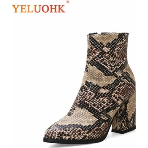 32-43 Women Winter High Boots Fashion Snake Print Style For Fur Ankle Boots Pointed Toe High Heel Women Shoes