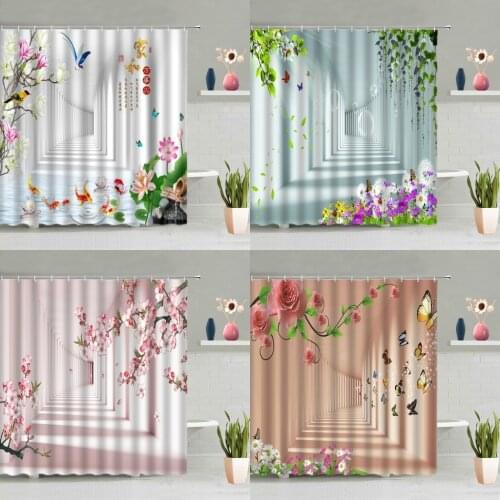 3D Stereo Flower Shower Curtain Green Leaves Lotus Bamboo Plants Zen Stone Goldfish Modern Simple Bathtub Decor Screen Washable