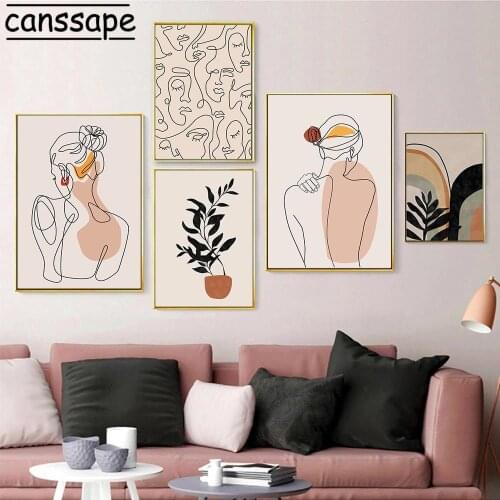 Abstract Single Line Face Print Girl Back Wall Art Canvas Painting Boho Posters Nordic Wall Pictures For Living Room Home Decor