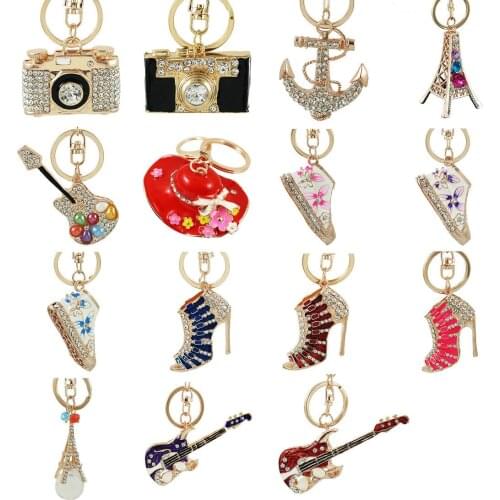Classic Crystal High Heel camera hat Keychains Rhinestone Shoe Keyring charm Women Handbag Alloy Key Holder Bag Jewelry Gift