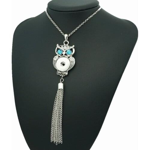 New Beauty Fashion rhinestone Lovely Owl tassel snap necklace chain 60cm fit DIY 18MM snap buttons jewelry DJ0189