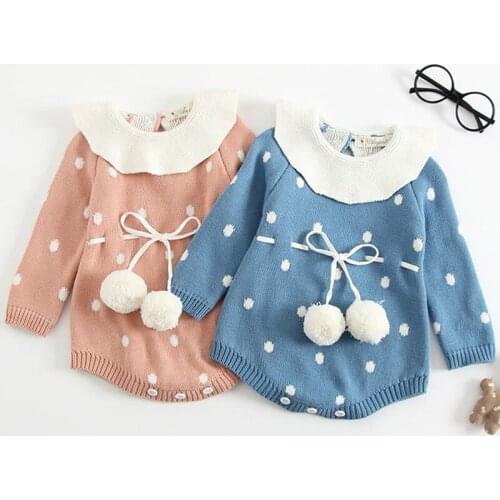 New Baby Bodysuit Triangle Climbing Dots Thickening Lotus Leaf Collar Knitted Clothes Infant Baby Girls Knitted Jumpsuit Sweater