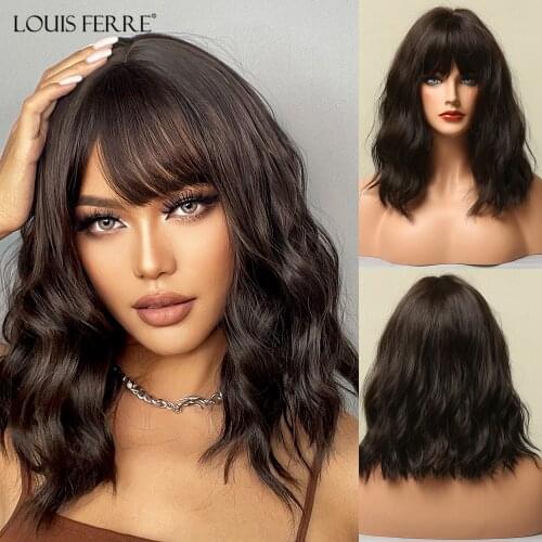 LOUIS FERRE Short Water Wave Synthetic Hair Wigs for Women Heat Resistant Fiber Daily False Hair Bobo Black Brown Wig with Bangs