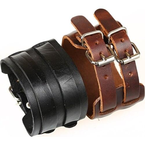 Red Green Design Punk Cuff Bangle Fashion Vintage Retro Black Genuine Wide Leather Men Bracelets Women Jewelry Accessories