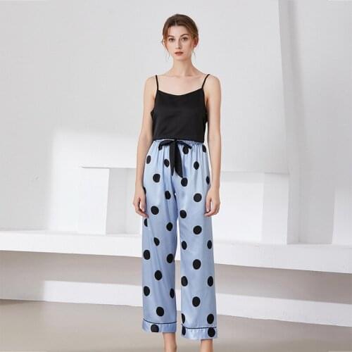 Summer New 2PCS Ice Silk Pajamas Suit Female Sexy Strap Top Pijama Polka Dot Pant Sleepwear Casual Nightwear Comfor Home Clothes