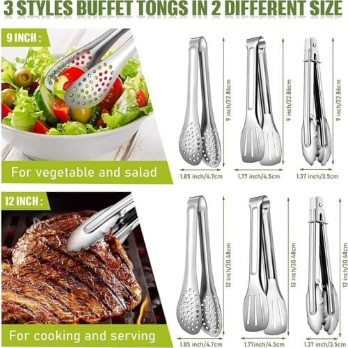 Hot 6 Pcs Buffet Tongs Set Stainless Steel Food Serving Tongs 3 Styles for Cooking Grilling Salad Buffet Kitchen