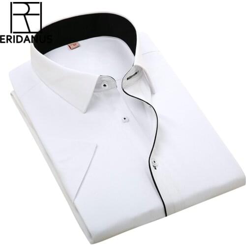 Mens Dress Shirts 2016 Summer New Arrivals Fashion Stitching Black Lining Design Cotton Male Short Sleeve Business Shirt M080