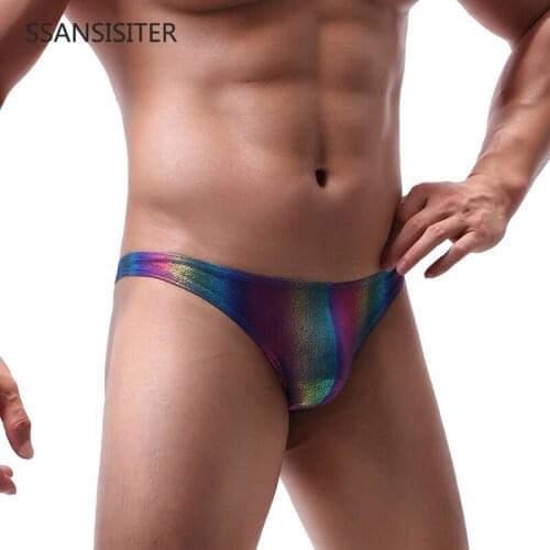Men Briefs Shiny Rainbow Striped Underwear Sexy Tanga Male Penis Pouch Briefs Breathable Gay T-back Panties Quick Drying Bikini