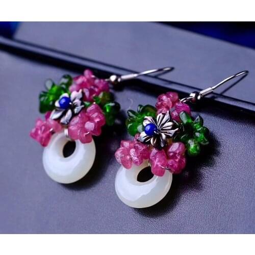Natural Hetian yu earrings, shaped face modeling earrings, S925 silver inlay, with 4m yu