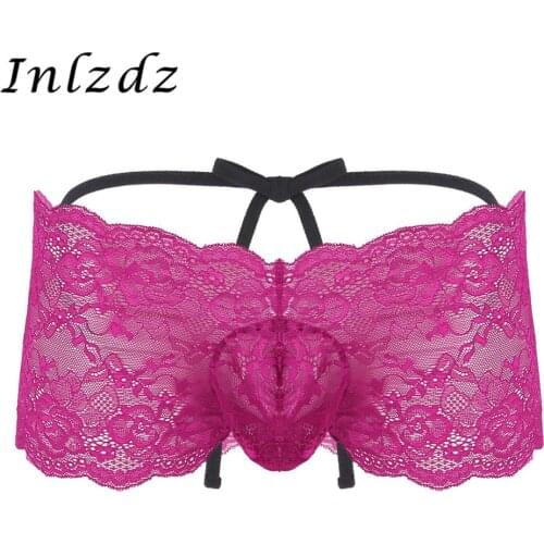 Mens Lingerie Sissy Panties See Through Floral Lace Strappy Bulge Pouch Low Rise Sissy Bikini Briefs Open Butt Gay Underwear