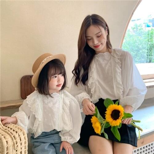 Family Matching Outfits Shirts Casual Korean Ruffle Puff Sleeve Shirts Mommy and Me Clothes Autumn 2020 Mom and Daughter Blouse
