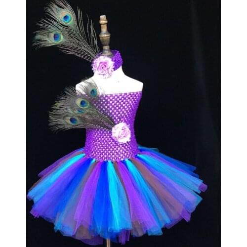 Girls Peacock Feather Tutu Dress Baby Crochet 2Layers Tulle Dress Ballet Tutu with Flower Headband Kids Custom Tutus Party Dress