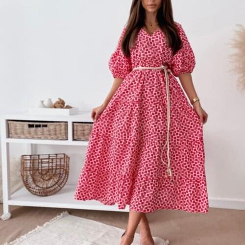 Summer Womens Printed Midi Dress Lantern Sleeve V Neck Loose Female Dresses With Belt Fashion Ladies Casual Vestido 2021 New