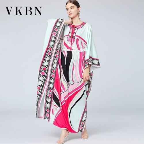 VKBN 2021 Summer 50%Silk Dresses for Women Plus Size Elastic Waist Printing O-Neck Fashion Women Dress Up
