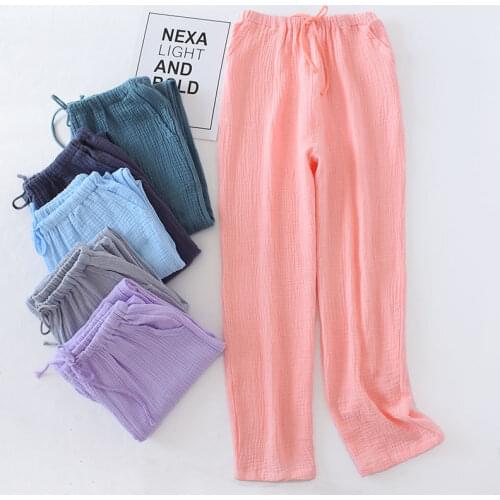 100% Crepe cotton Casual Couple sleep bottoms men and women Japanese summer soft home trousers men sleepwear pants