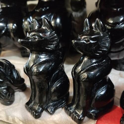 Fox Statue Natural Stone Black Obsidian Carved Crystal Healig Figurine Home Decor