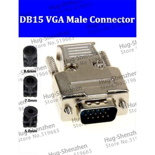 Top D-Sub 15-pin DB15 VGA 3 row plug (male) solid pin module + removable metal shell cover housing--5pcs/lot