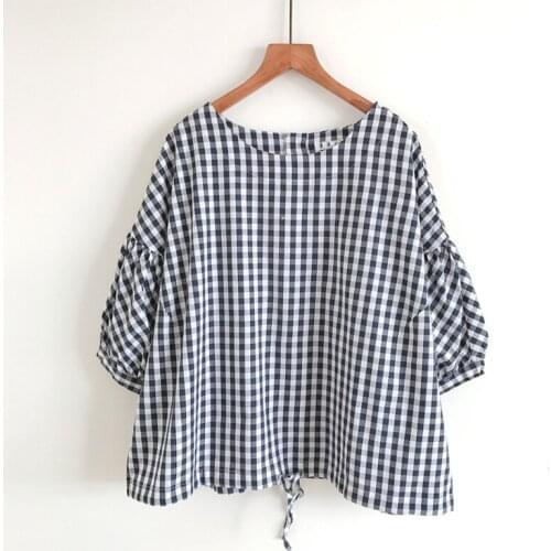 Vintage Cotton Linen Plaid Women Blouse Summer O-Neck Lantern Sleeved Loose Elegant Office Lady Pulls Outwear Tops