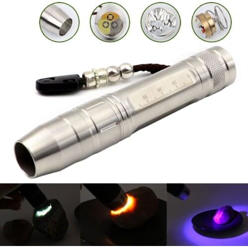Stainless Steel 3 LEDs Flashlight Torch 395nm 365nm UV R5 LED Cool white warm white 3 Light color 18650 Jade test Copper Base