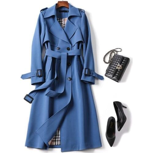 Womens Long Trench Coats 2020 New Autumn Lapel Double Breasted Slim Windbreaker Korean Elegant Belted Solid Coat Ladies Outwear