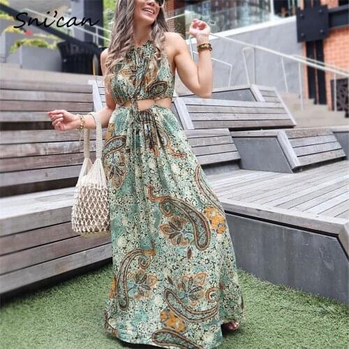 Hollow Out Waist Sexy Dress Za 2021 Women Halter Maxi Oversize Casual Robe Femme Longo Summer Sukienka Letnia Vestidos Mujer