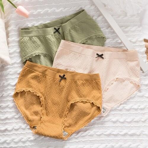 Wasteheart New Women Fashion Green Yellow Cotton Mid Waist Panties Lace Bow Underwear Lingerie Women Briefs F Underpants