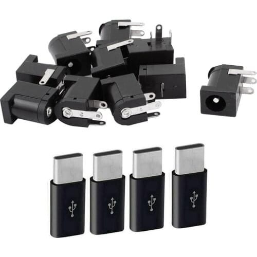 10Pcs 3 Pin PCB Mount DC Power Jack Socket Connector & 1Set Micro-USB To USB C Adapter, Mini To Typec Charging Adapter