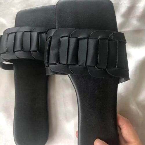 2021 Women Weave Summer Beach Slippers Female Casual Comfortable Solid Slides Ladies New Outside Square Toe Flat Plus Size