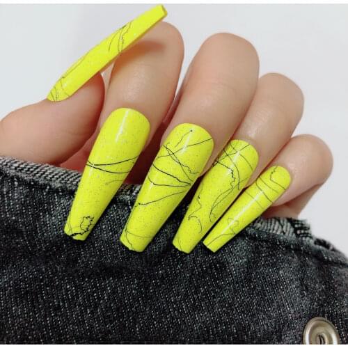 30pcs Black Line Brushed Ballerina Coffin Fake Nails Yellow Glitter Powder Salon ABS UV Gel Press on False Nail Art Decoration