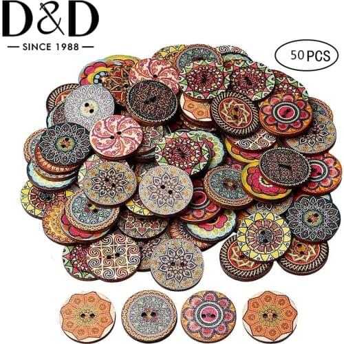 50pcs Vintage Wooden Buttons 2 Holes 15/20/25mm Mixed Buttons for Clothes DIY Buttons Decorative Clothing Craft Sewing Tools