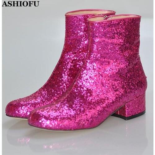 ASHIOFU Handmade Womens Block Heel Boots Glitter Bright Party Ankle Boots Large Size Evening Dress Fashion Short Boots Shoes